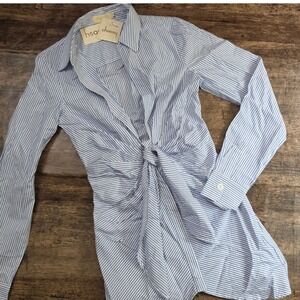 CHOOSY Striped Button Down Shirt Womens Size 2 Blue White Long Sleeve NWT
